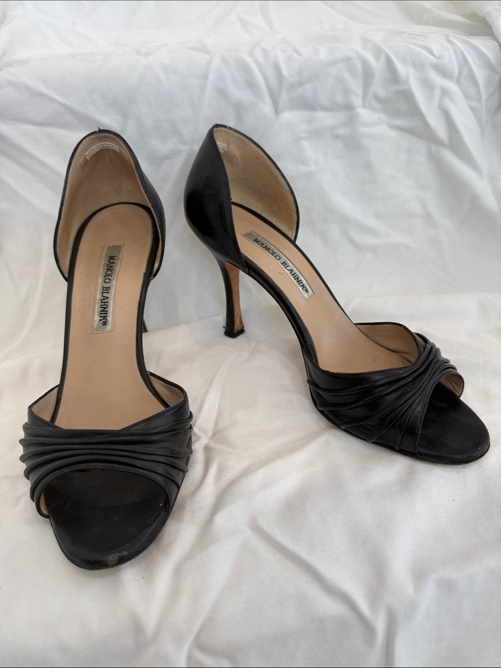 Manolo Blahnik Black Leather D'Orsay Peep-Toe Stilettos